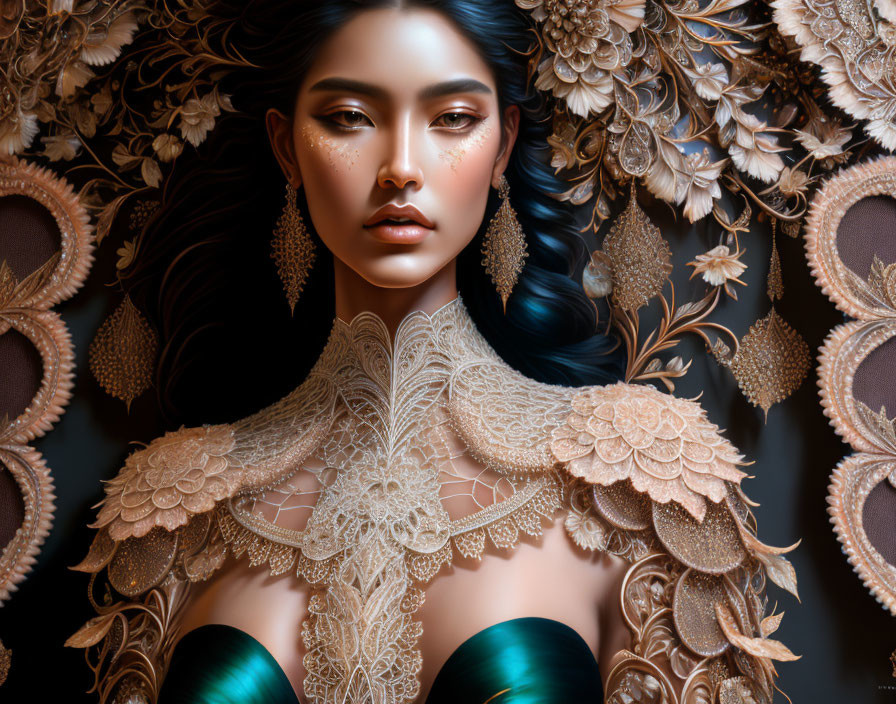 Digital artwork featuring woman with golden floral patterns, lace collar, teal attire