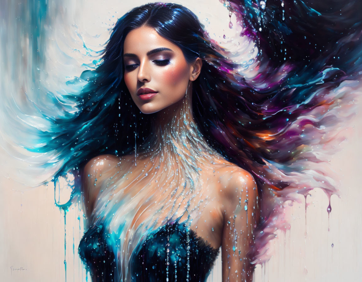 Colorful painting of woman with flowing hair against vibrant background