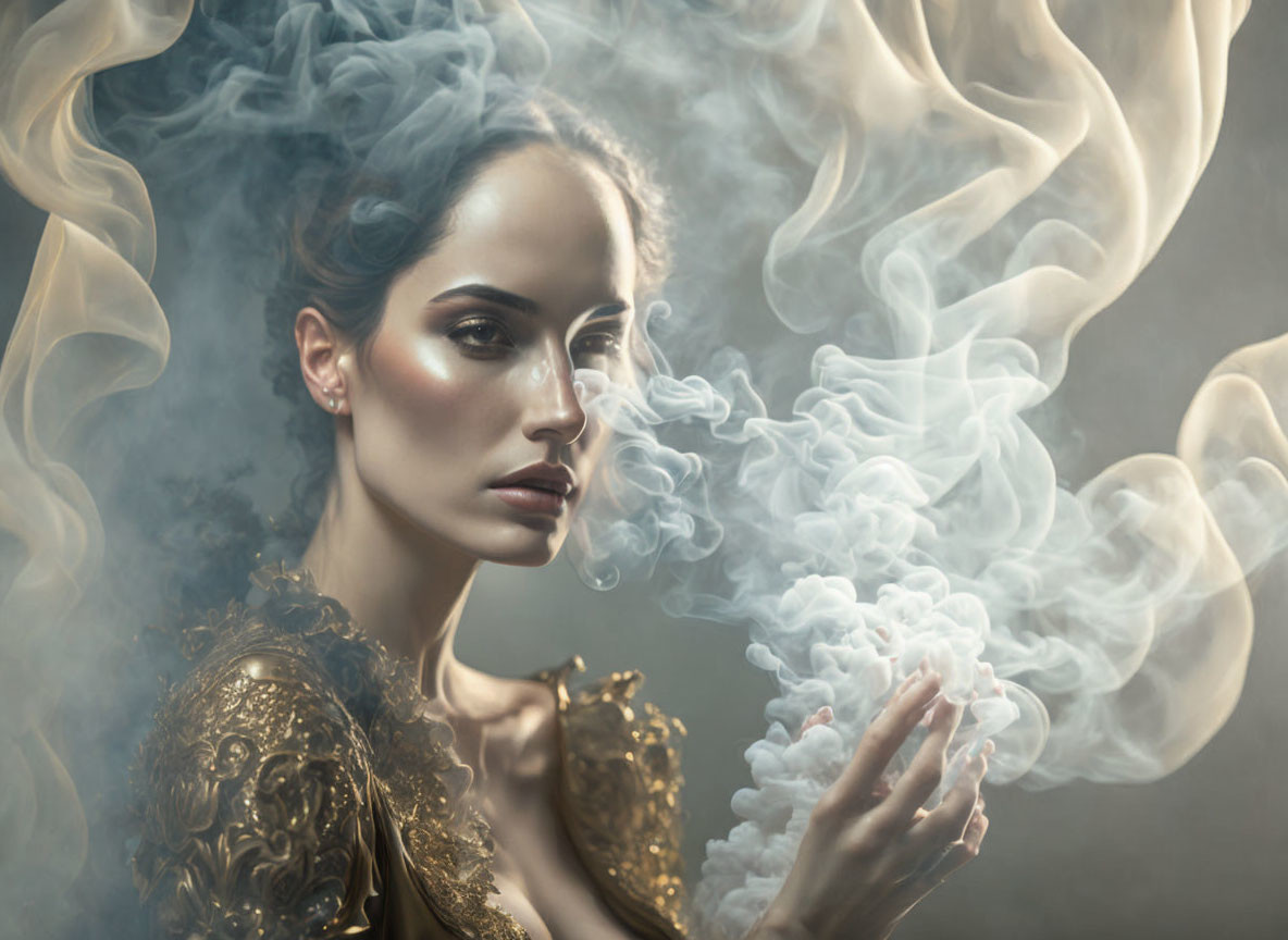 Elegant woman in golden garment surrounded by swirling smoke