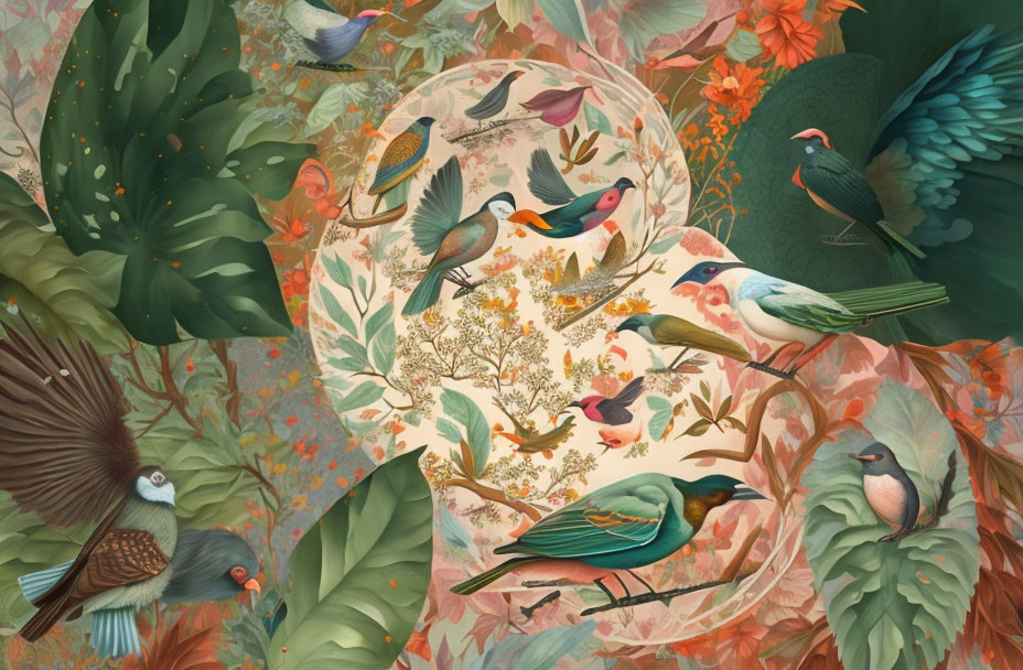 Vibrant bird illustration in lush foliage with diverse species