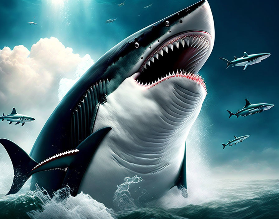 Digital Artwork: Giant Shark Breaching Ocean Surface with Diver and Smaller Sharks