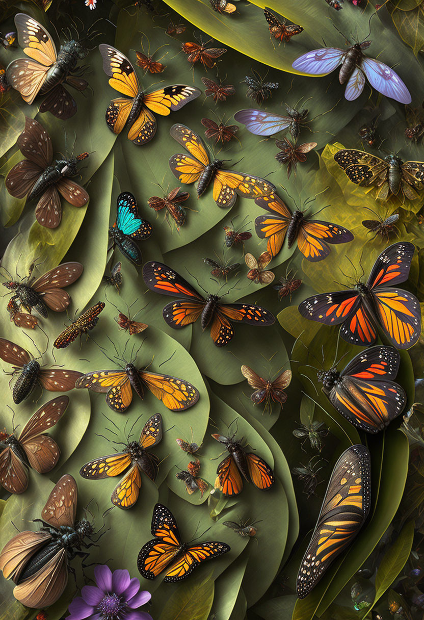 Colorful Butterflies Perched on Green Foliage with Various Patterns and Hues