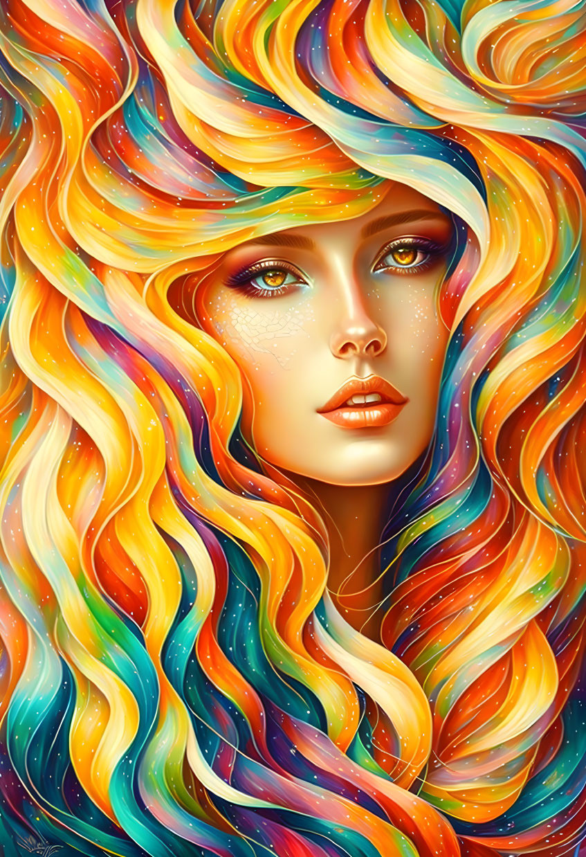 Colorful digital artwork: Woman with rainbow hair and celestial freckles