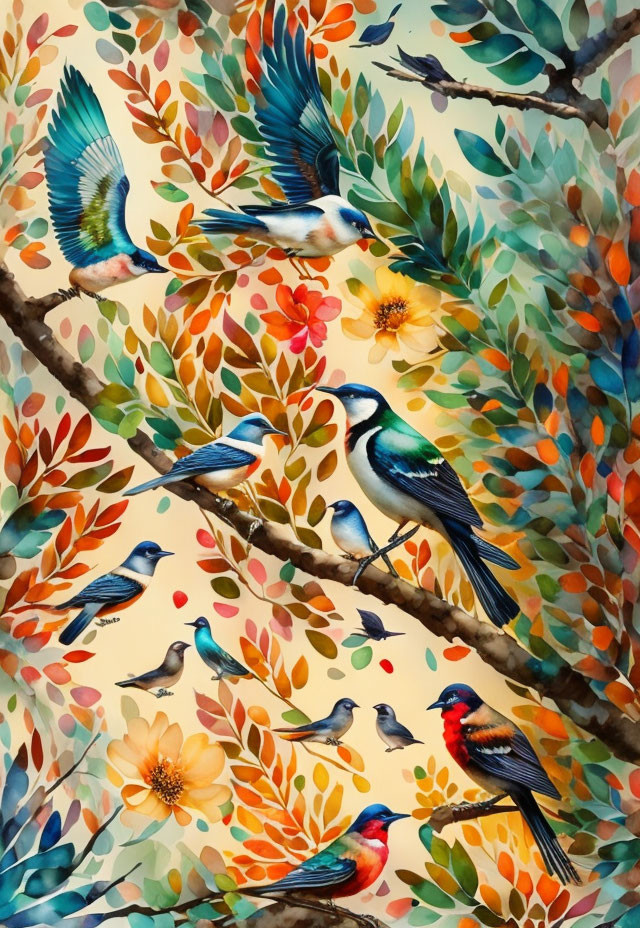 Colorful Birds Perched on Branches in Vibrant Illustration