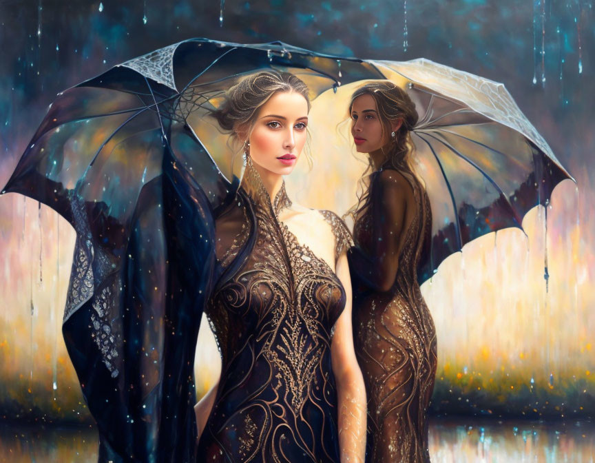 Two women in elegant gowns with lacy umbrellas in a magical backdrop