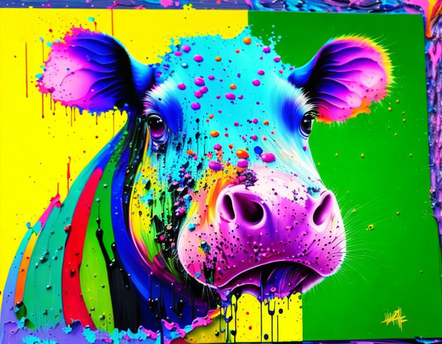 Colorful Abstract Cow Painting with Dripping Effects on Multicolored Background