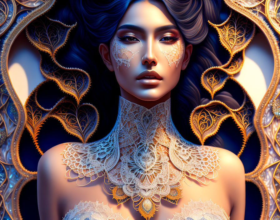 Intricate gold and white lace digital art portrait