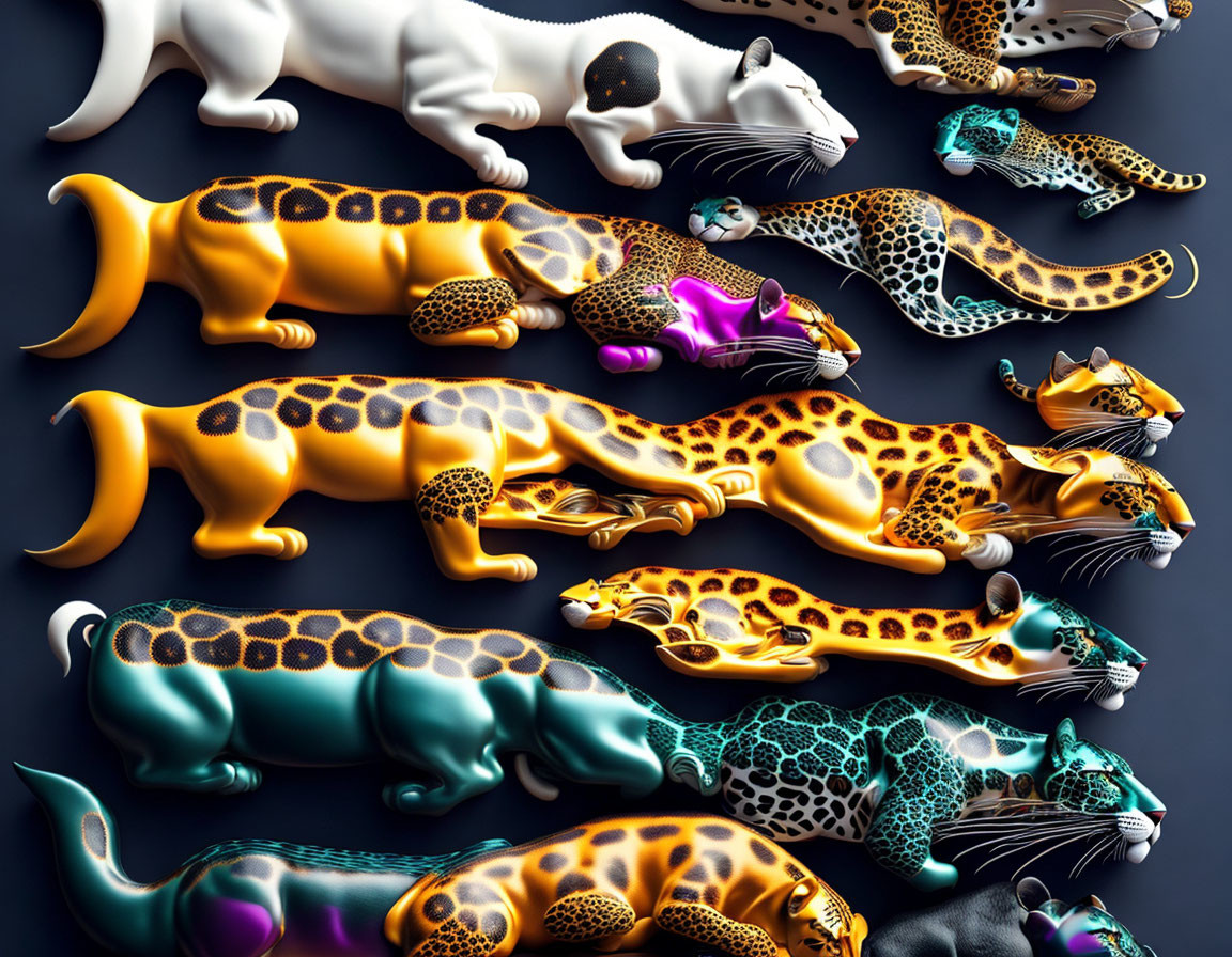 Stylized 3D-modeled leopards in gold to purple hues on dark backdrop
