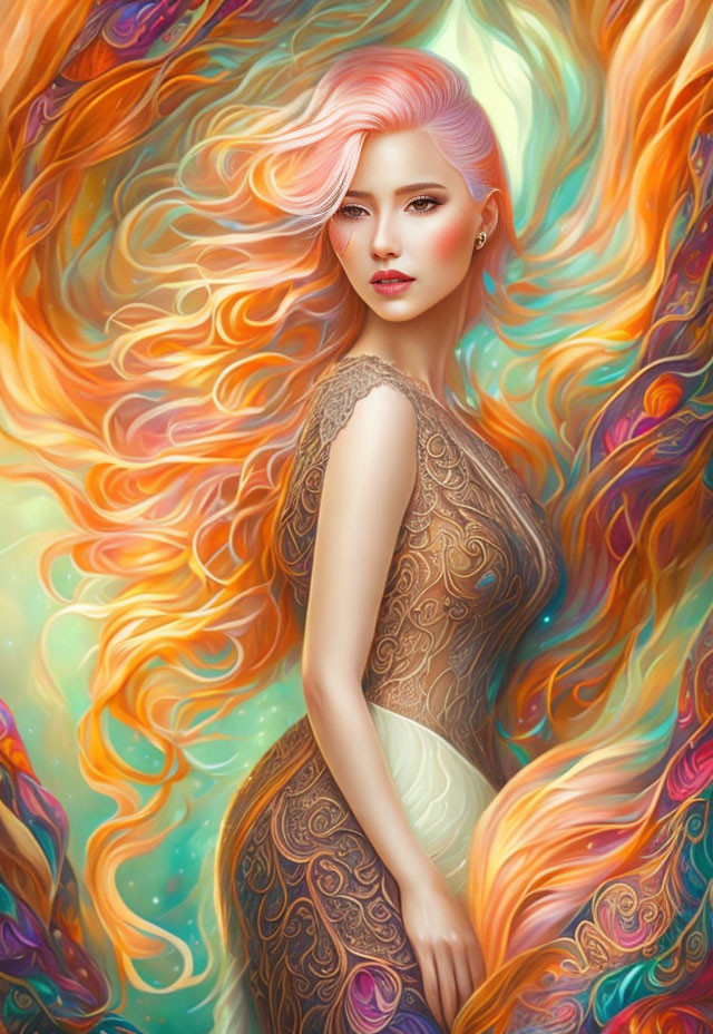 Vibrant abstract art featuring woman with pink hair and detailed dress