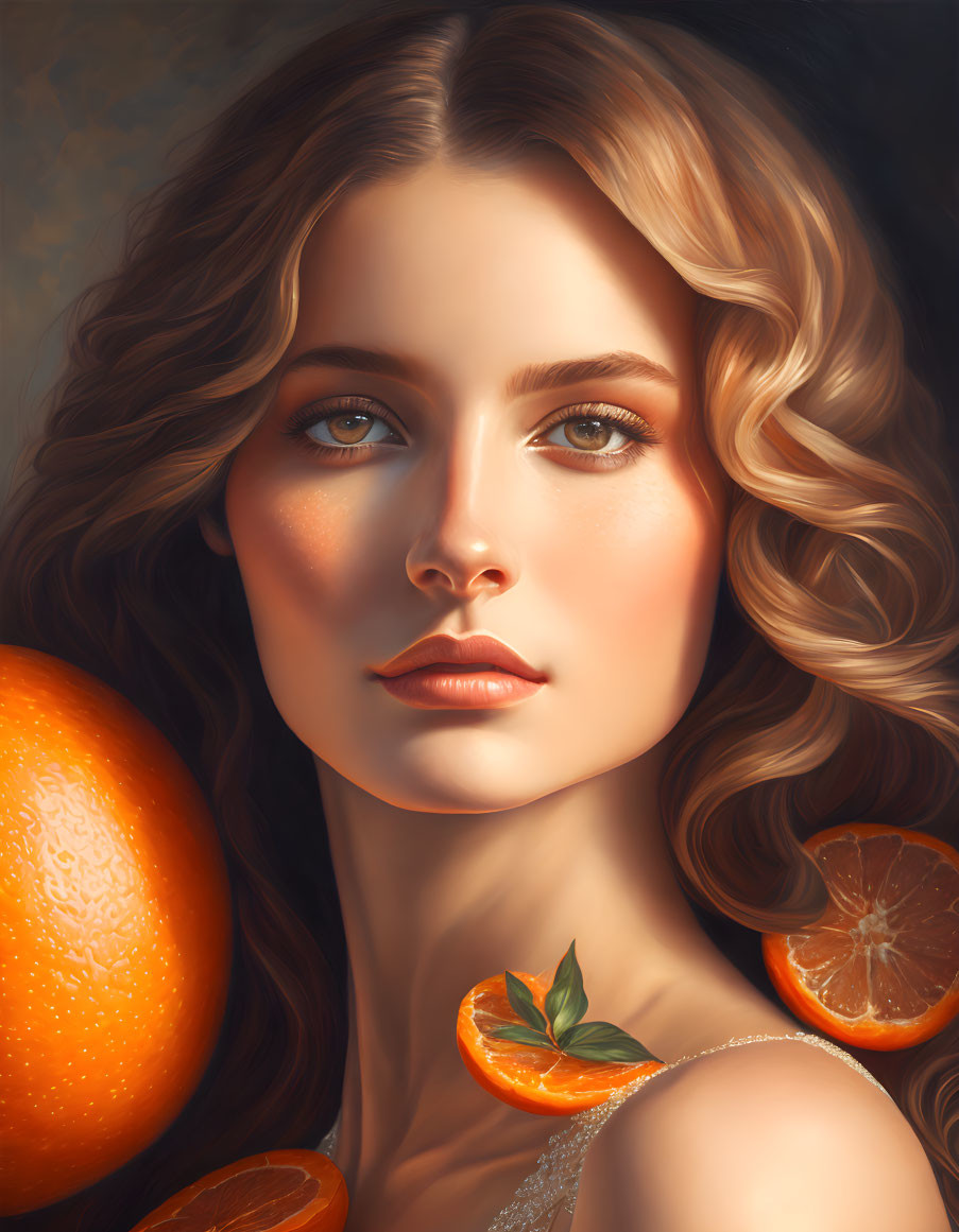 Digital artwork: Woman with wavy hair and clear eyes in vibrant orange surroundings
