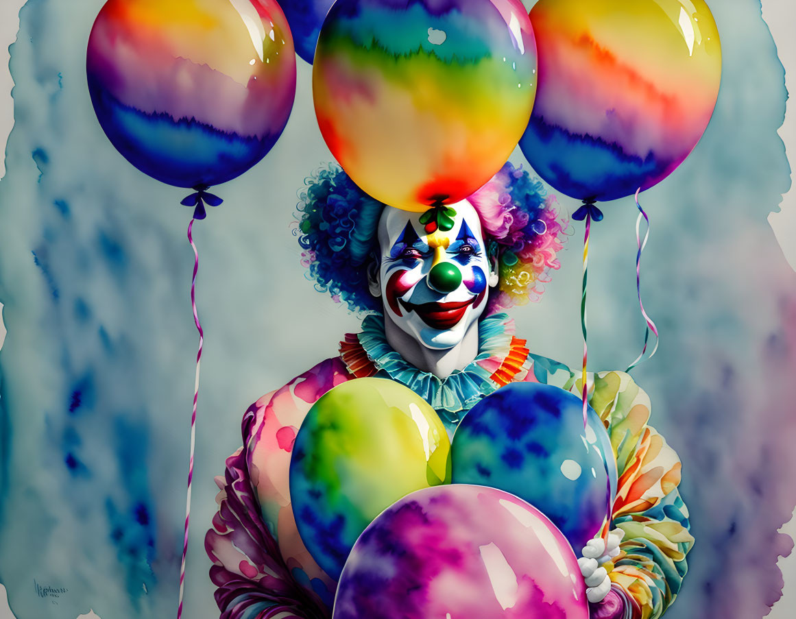 Colorful Clown with Vibrant Balloons on Blue Marbled Background