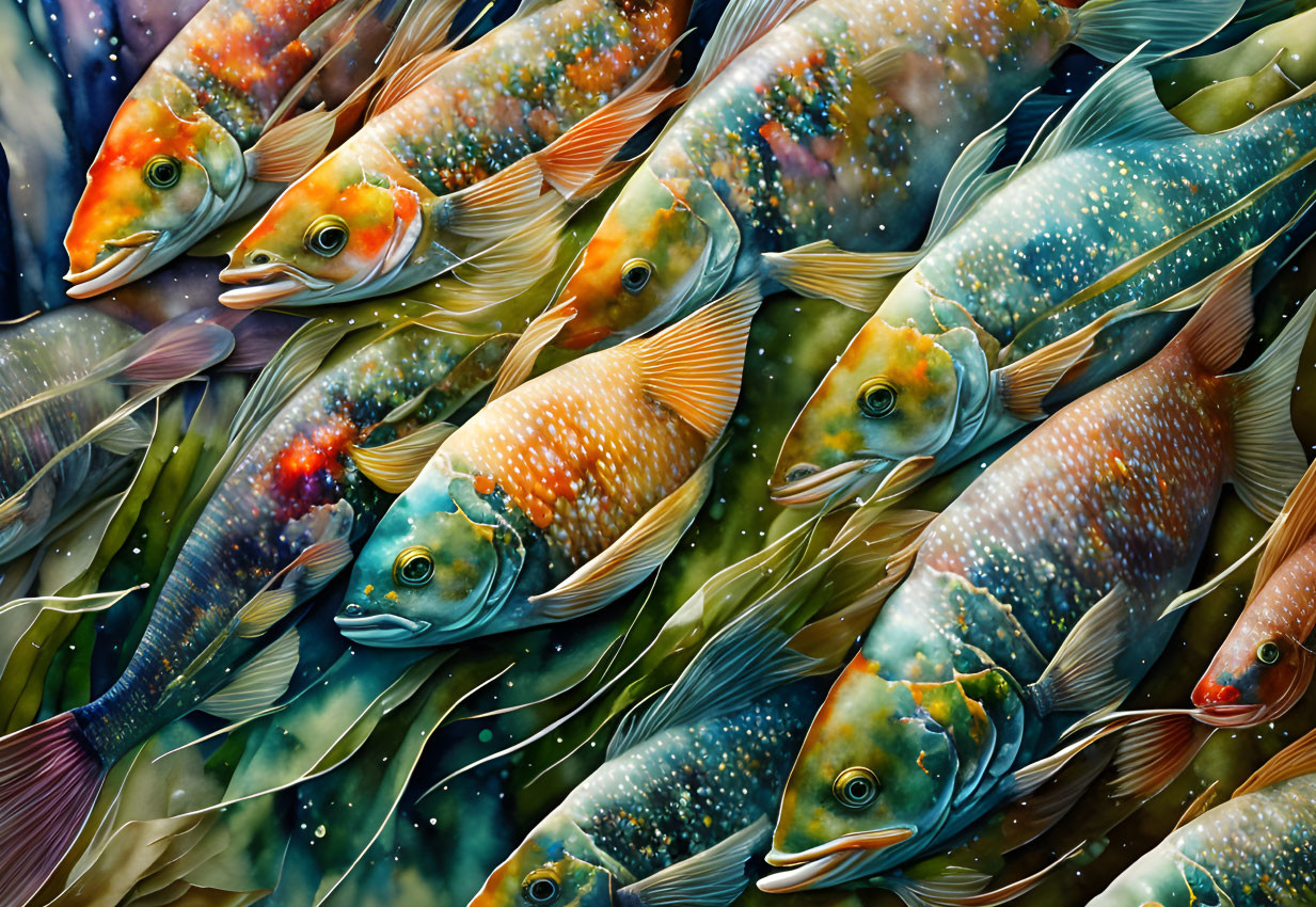 Colorful digital artwork: School of patterned fish swimming together