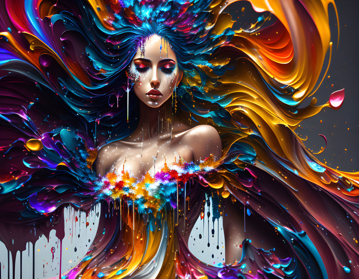 Vibrant digital artwork: Woman with flowing, colorful hair in abstract background