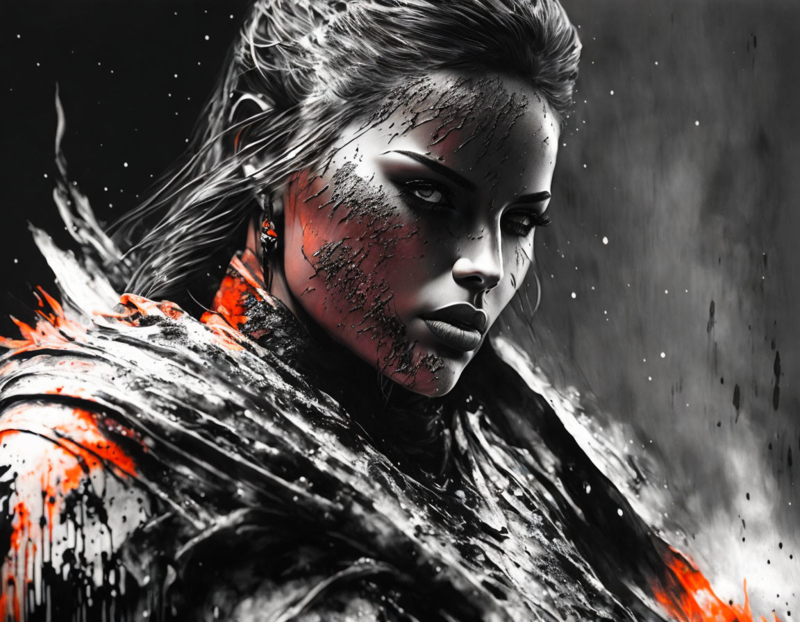 Monochrome digital artwork of woman with intense gaze and orange accents