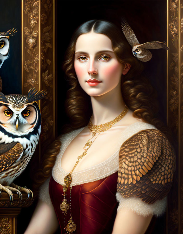 Digital painting of woman with long brown hair in red dress with owls on shoulders.