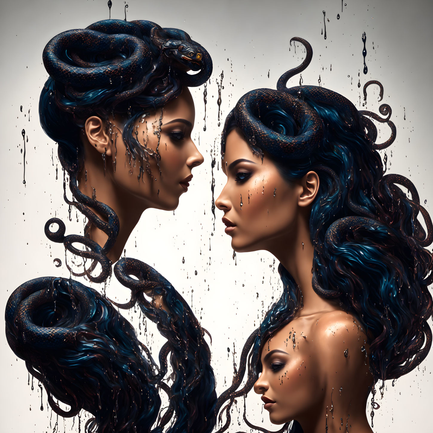Serpentine hair women digital art with liquid droplets and gear elements