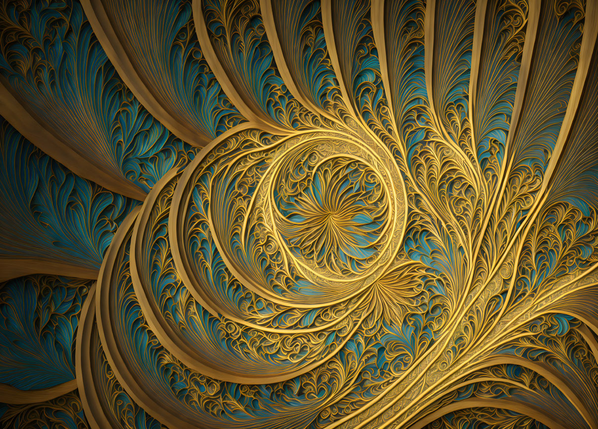 Intricate Gold and Teal Fractal Art with Swirling Feathers in Circular Pattern