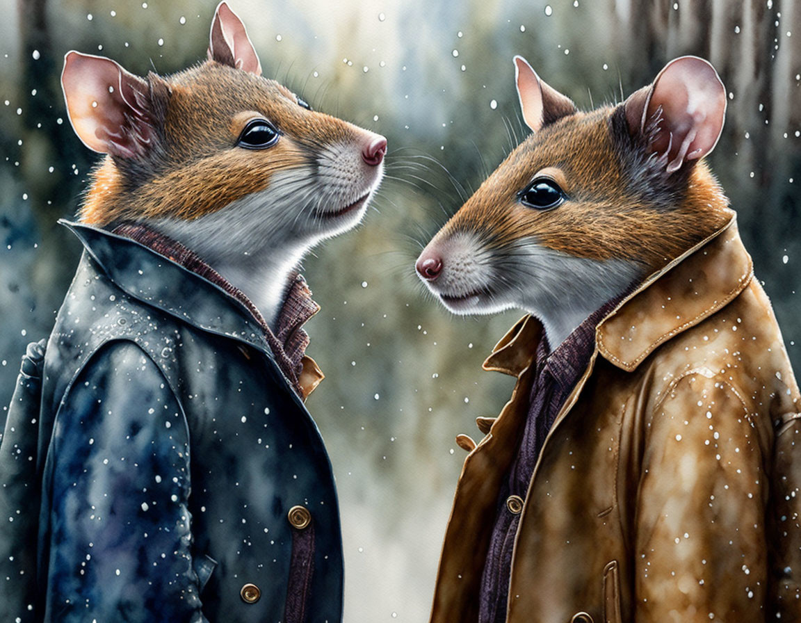 Anthropomorphic mice in jackets under gentle snowfall