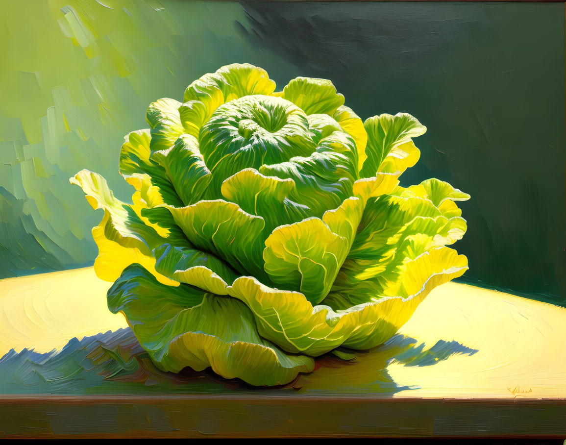 Detailed painting of lush green lettuce on dark background