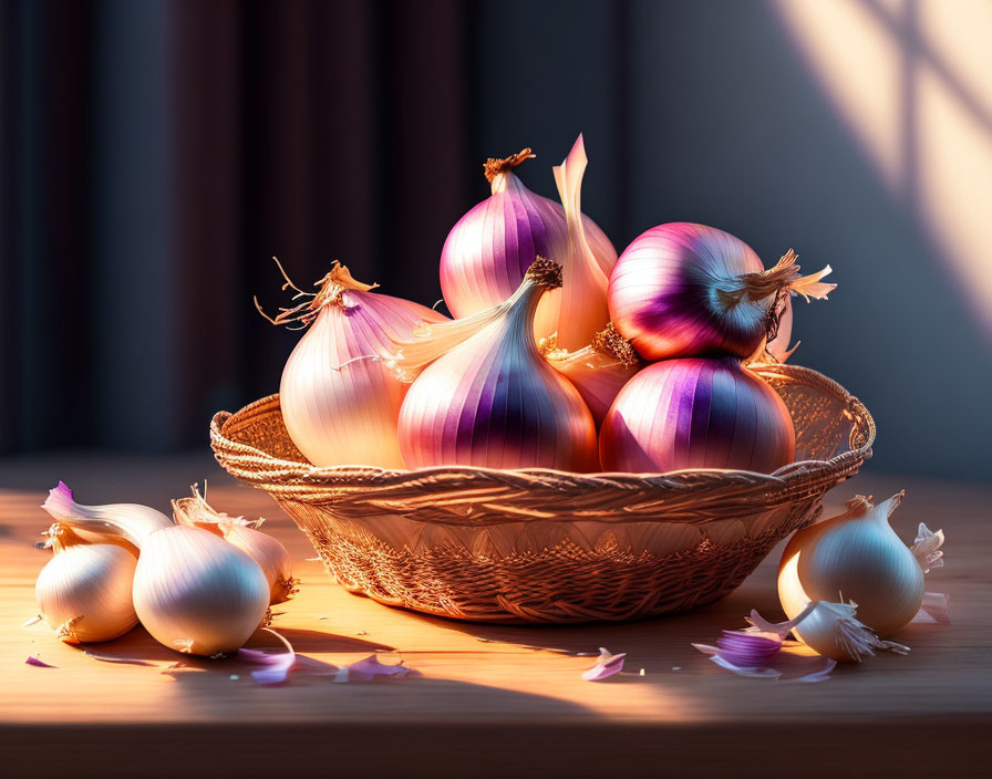 Fresh red onions in a basket with sunlight and scattered skins