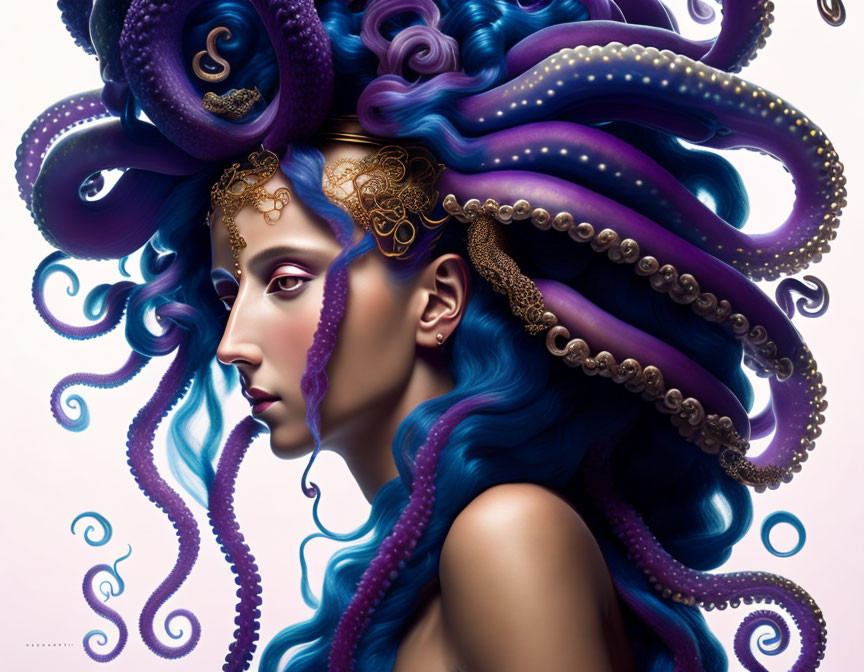 Illustration of woman with blue and purple octopus tentacle hair and gold ornaments on light background