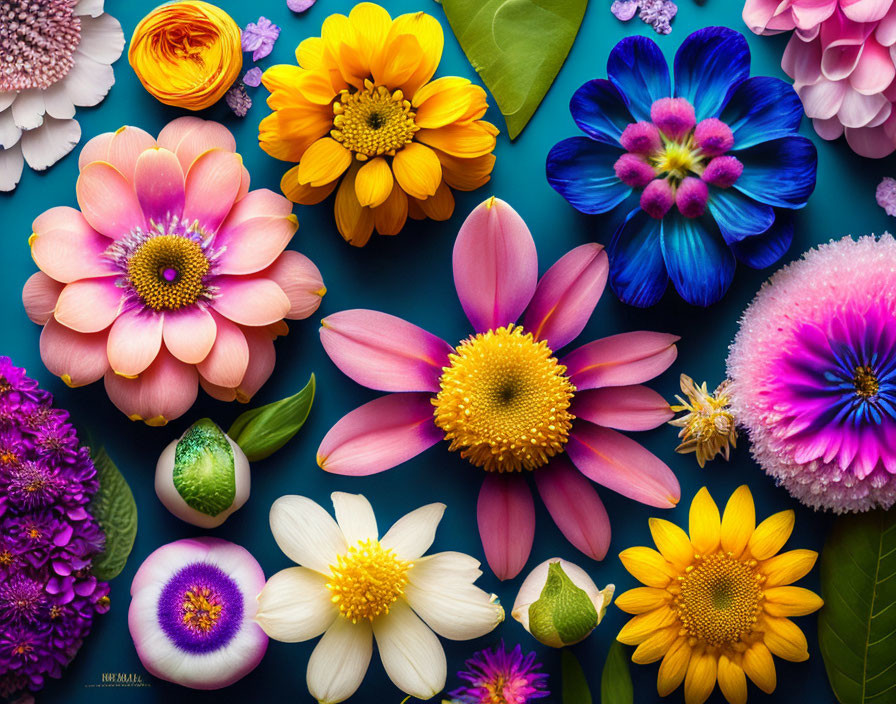 Colorful Flowers and Petals Arranged on Blue Background
