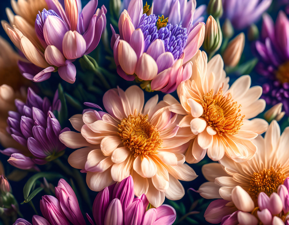 Detailed close-up of vibrant purple and peach flowers on dark background