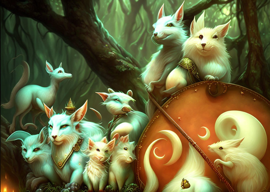 Mystical white foxes with ornaments in lush enchanted forest