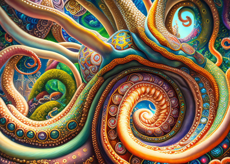 Colorful Abstract Art: Swirling Octopus Arms in Psychedelic Design
