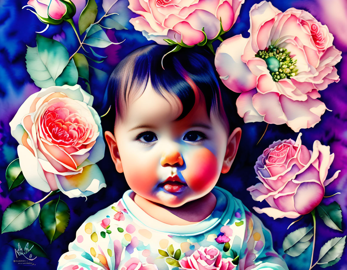 Vibrant digital artwork: Baby with pink and white roses on dark blue.