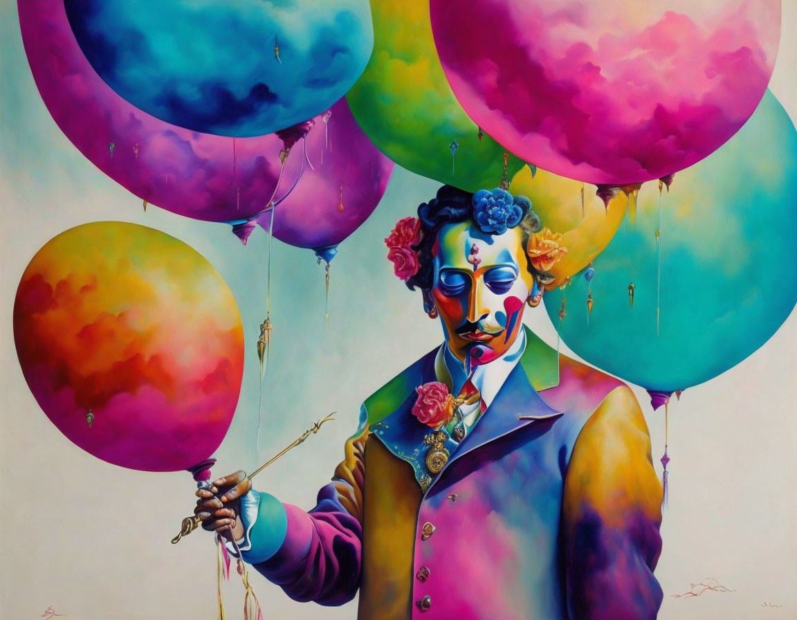 Vibrant painting: person with skull face holding balloons