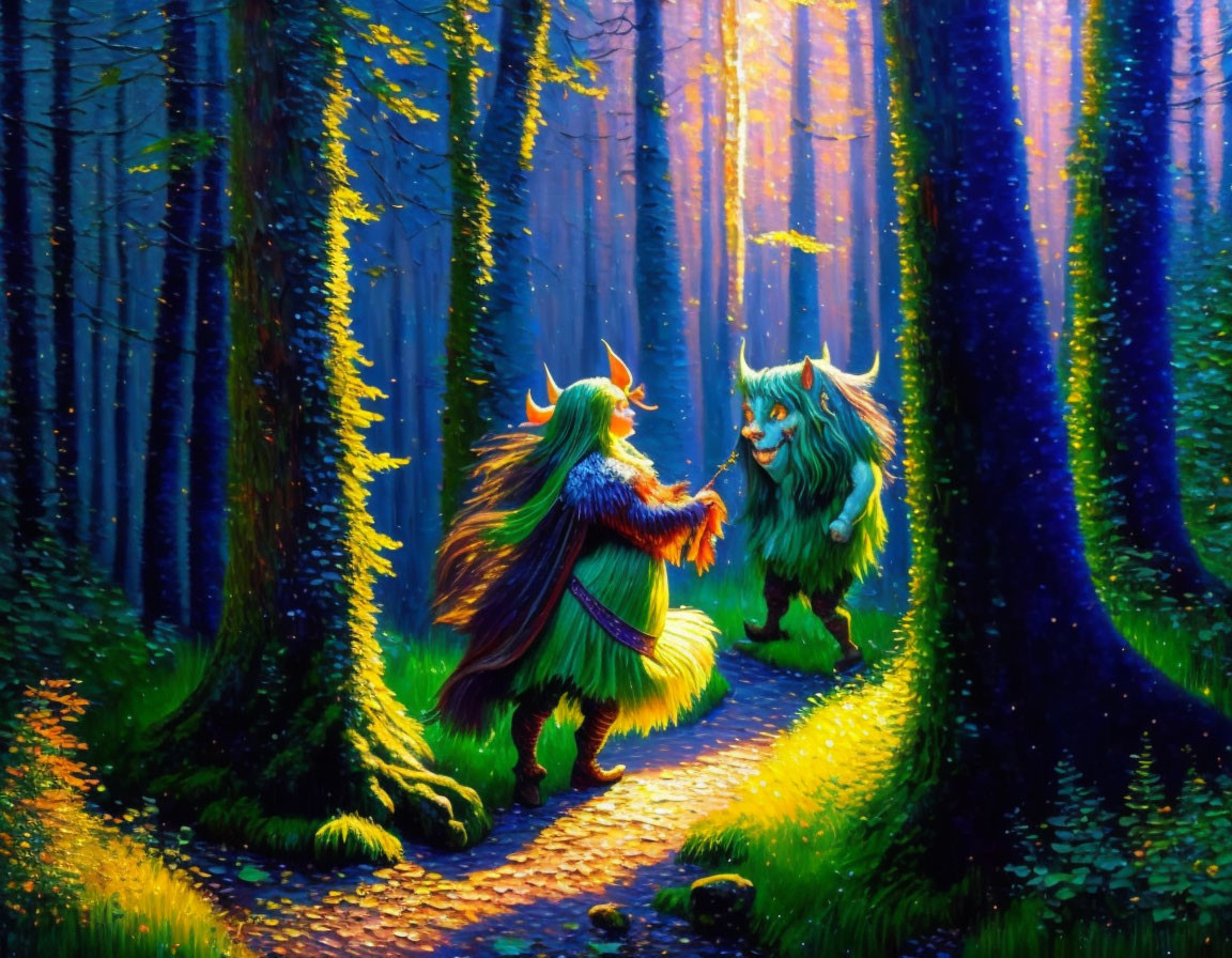 Enchanting forest scene with whimsical creatures on sunlit path