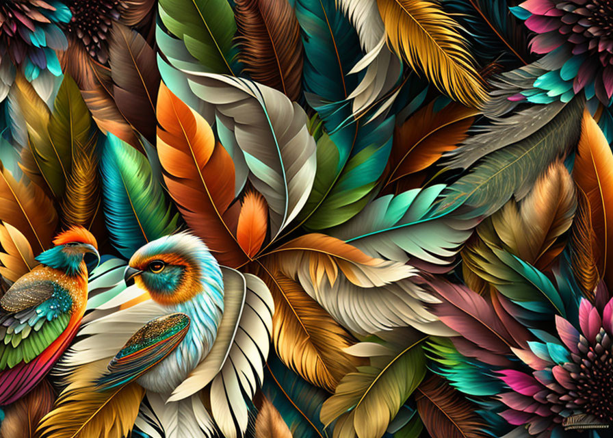 Colorful digital artwork featuring two stylized birds among intricate feathers and foliage in rich browns, greens