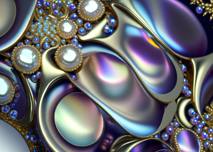 Luxurious Abstract Fractal Art: Metallic Shapes, Pearls, and Jewels