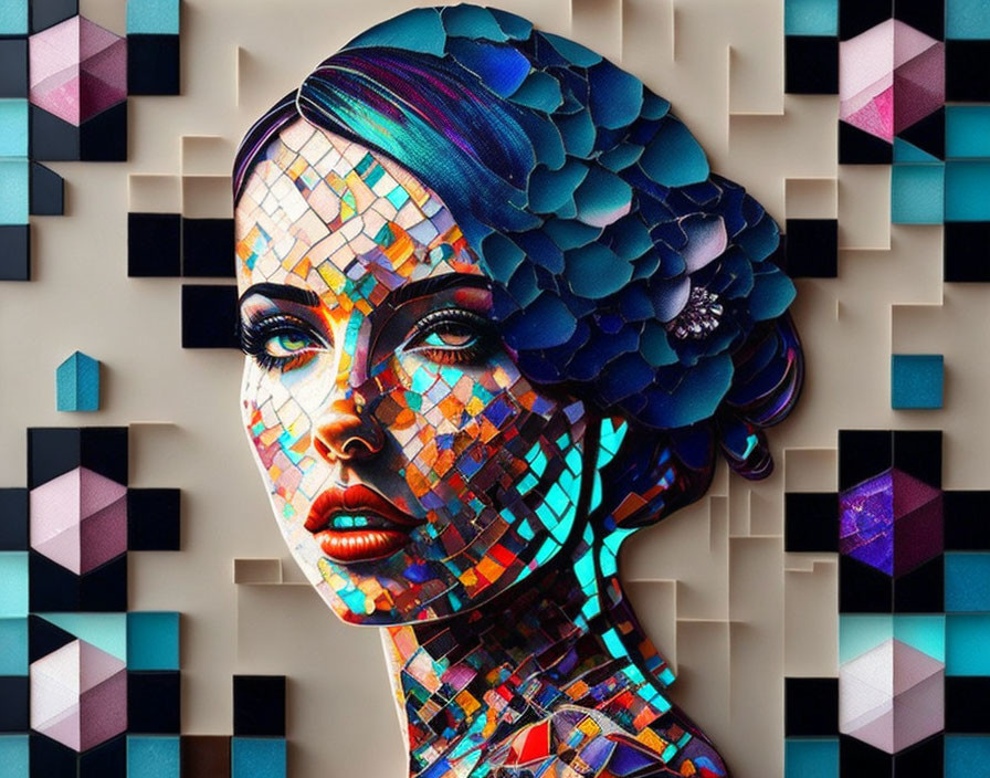 Colorful Geometric Mosaic Portrait with 3D Illusion