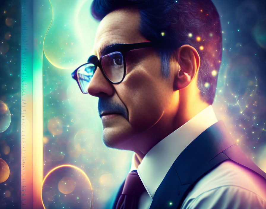 Side-profile of bespectacled man with glowing ruler in suit against colorful bokeh background