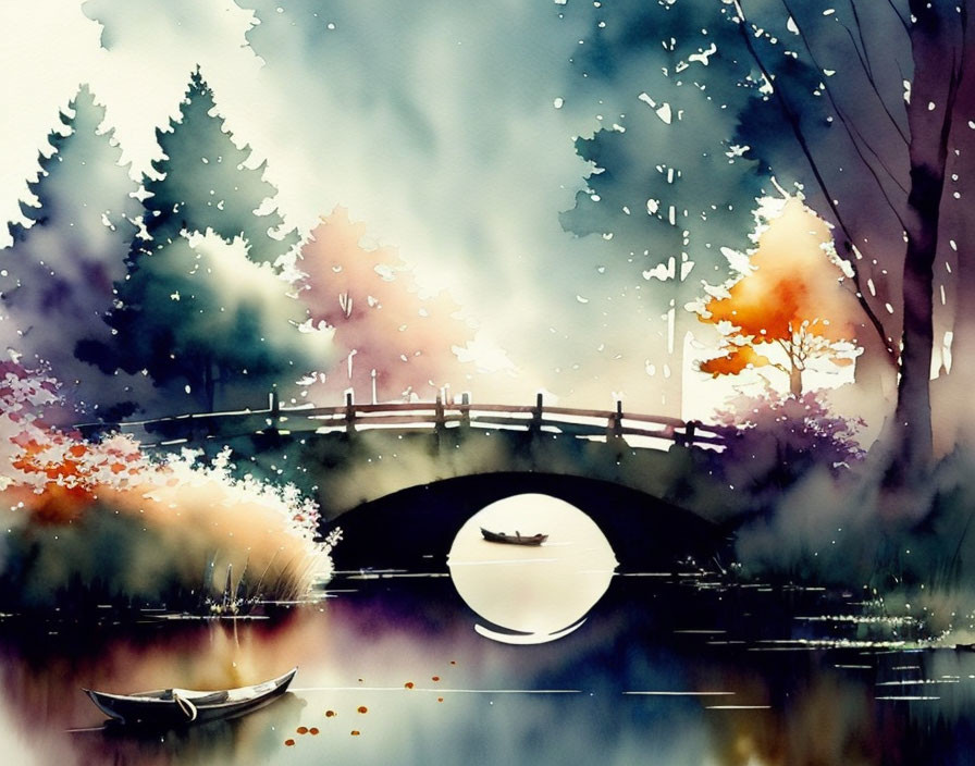 Serene landscape watercolor painting with bridge, river, autumn trees, and boat