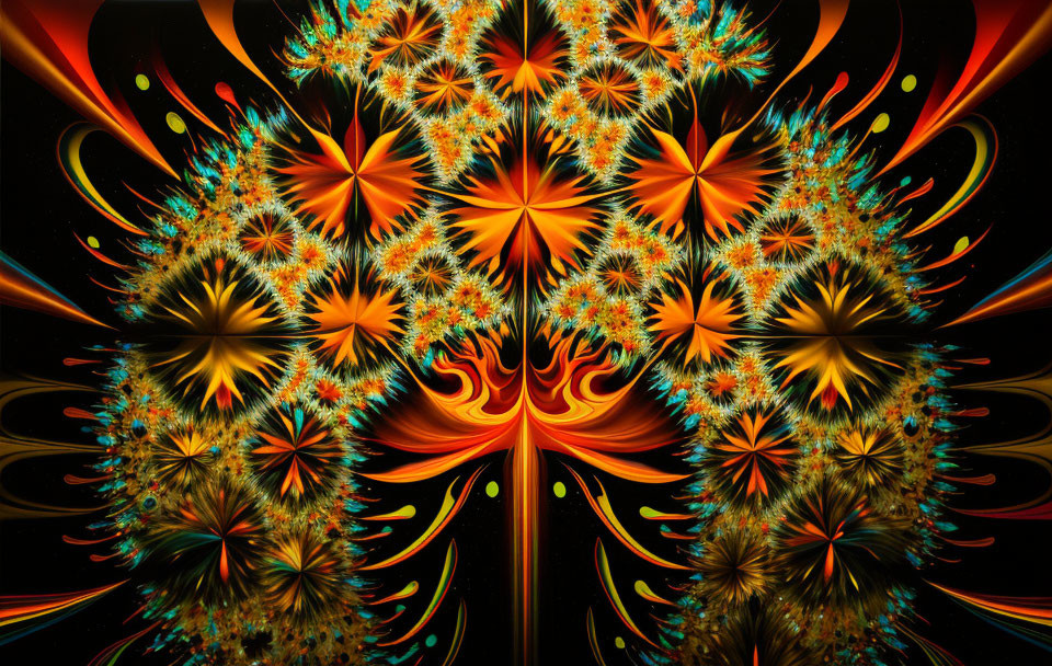 Colorful Abstract Fractal Art: Symmetrical Floral Patterns in Orange, Yellow, and Black