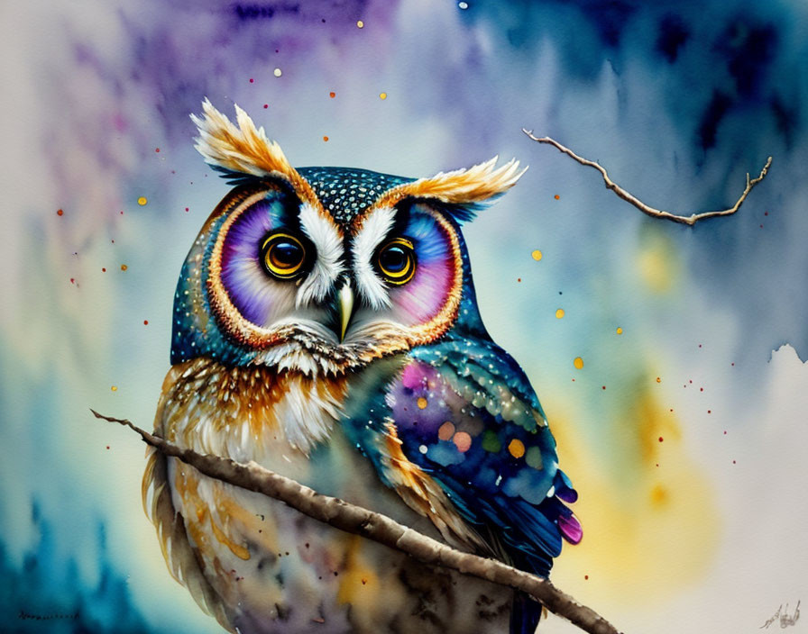 Vibrant watercolor painting of stylized owl on branch