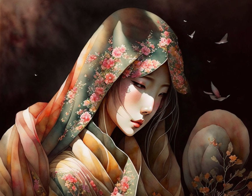 Illustrated woman in floral shawl amidst petals and dark background