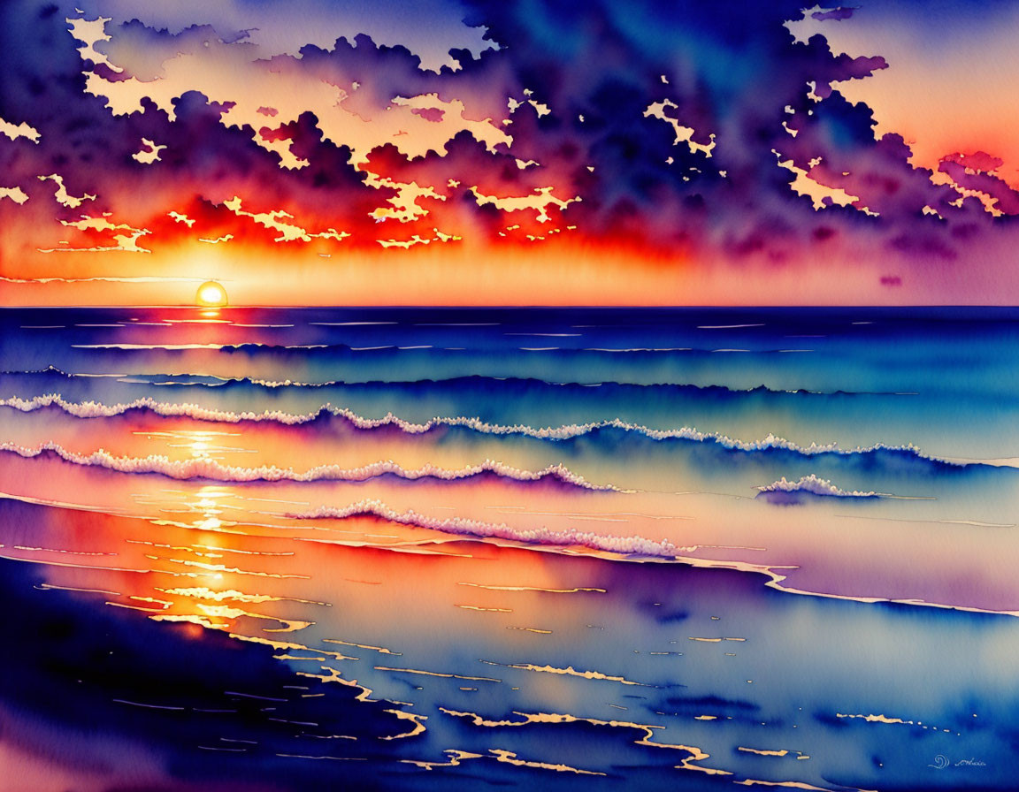 Colorful Watercolor Painting of Sunset Over Ocean