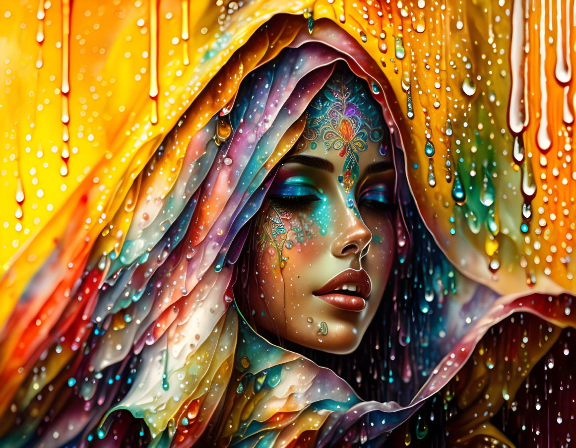 Colorful Woman Artwork with Intricate Designs and Dripping Paint