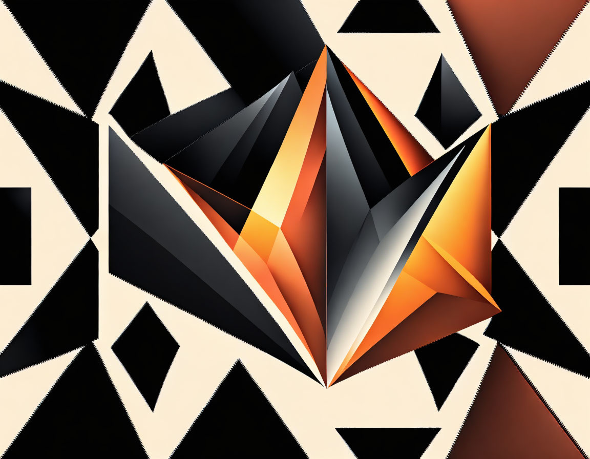 Symmetrical Abstract Geometric Design in Black, White, Orange, and Beige