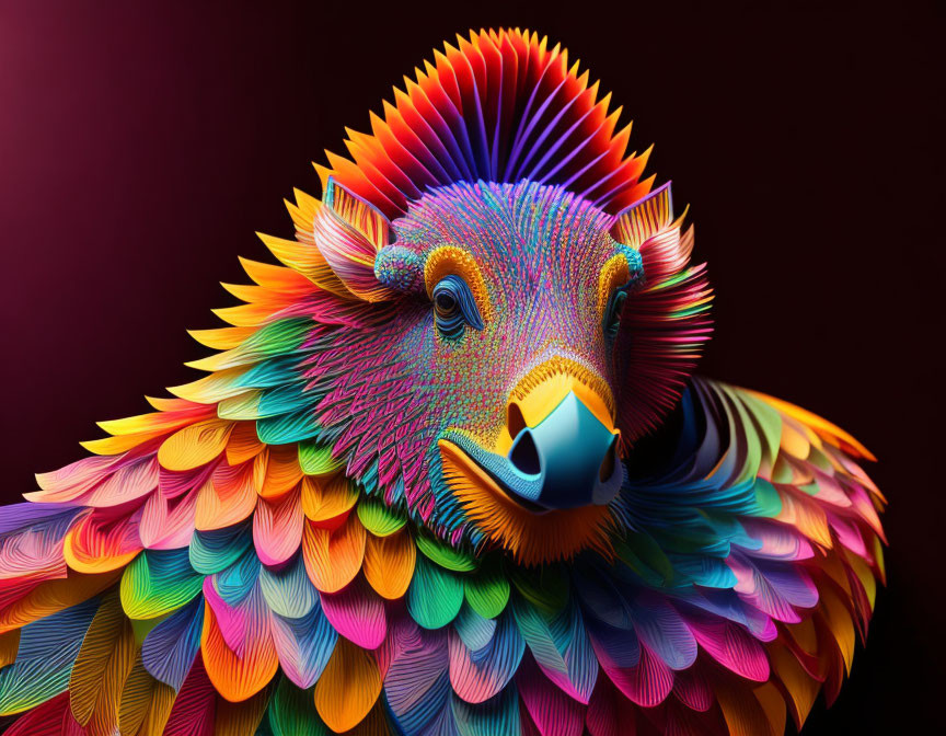 Colorful Digital Artwork: Bear with Feathers in Vibrant Hues