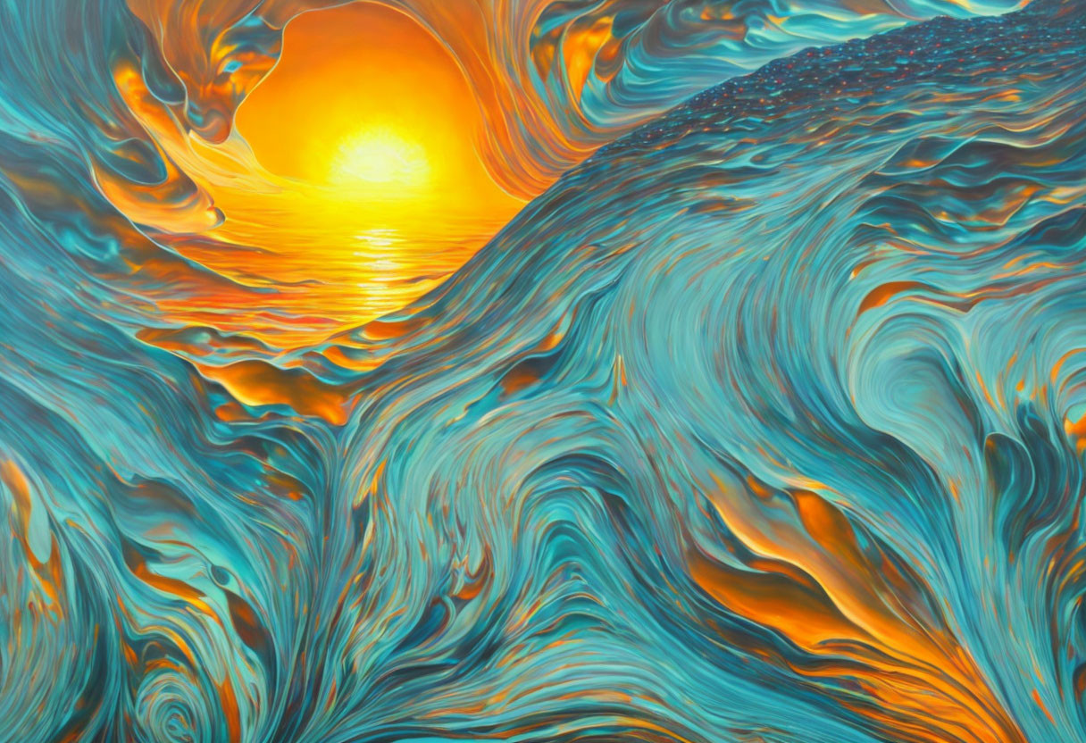 Blue and Orange Abstract Wavy Pattern Resembling Ocean Waves