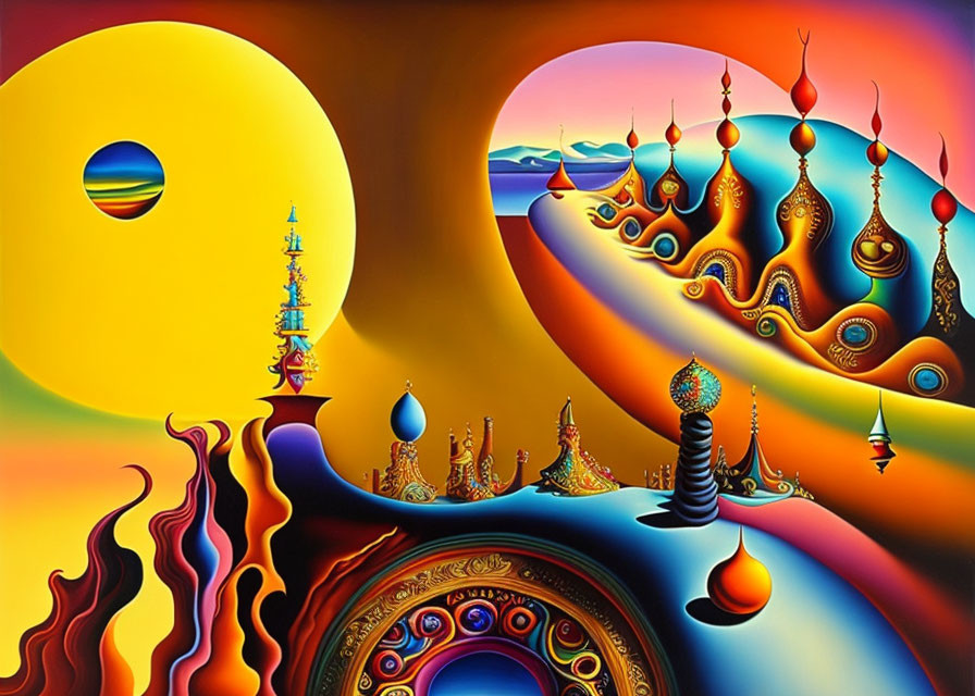 Colorful surrealist landscape with ornate towers and large sun over reflective water body