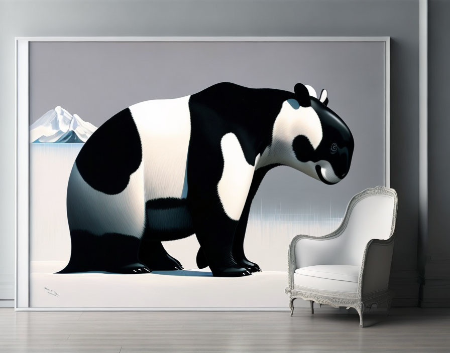 Oversized panda bear painting in modern living room with white chair