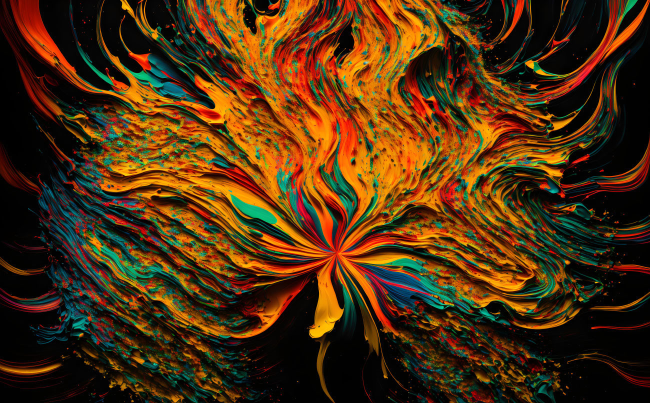 Colorful Abstract Swirls in Orange, Yellow, Red, and Blue on Dark Background