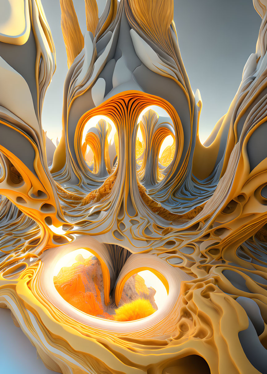 Orange and Blue Swirling Fractal Art with Heart-Shaped Void