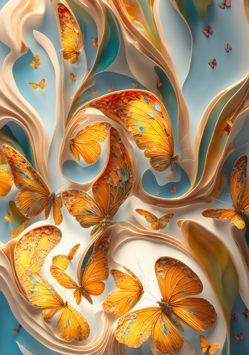 Golden-Orange Butterflies with Intricate Patterns Fluttering on Blue Background